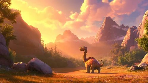 Cartoon dinosaur in sunlit mountain valley landscape scene.