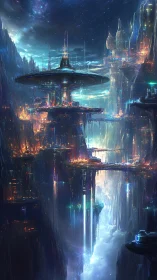 Vertically tiered sci‑fi megacity cascades through a luminous canyon