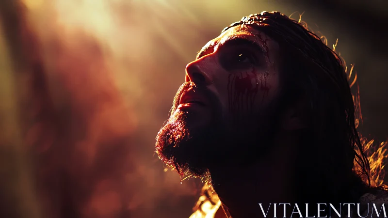 Bloodied bearded man in raking golden backlight, upward gaze.