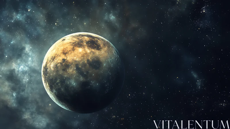 Luminous cratered moon drifting through velvet star hush.