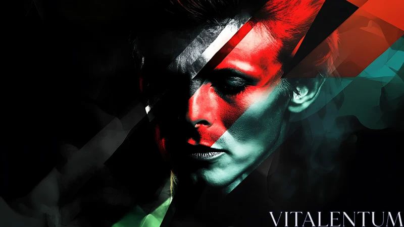 Portrait face divided by red and teal geometric shards