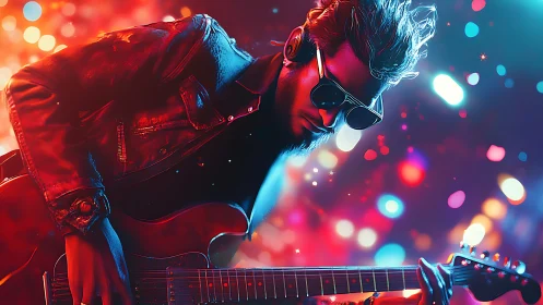 Electric guitarist in neon bokeh concert lighting scene.