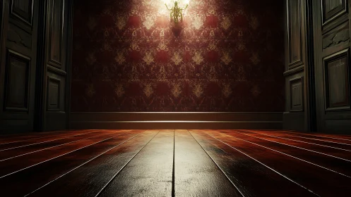 Opulent wooden floor glows beneath ornate vintage wall.