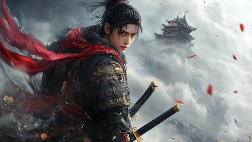 Stormlit warrior with crimson scarf above drifting clouds.