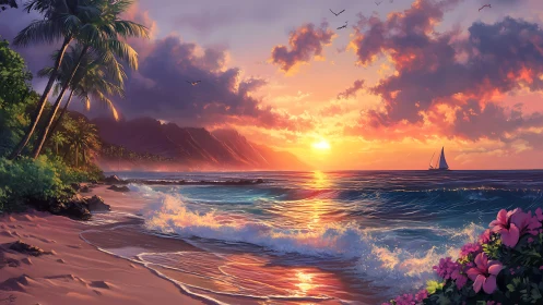 Sunset illuminates tropical beach, waves, mountains, and sailboat