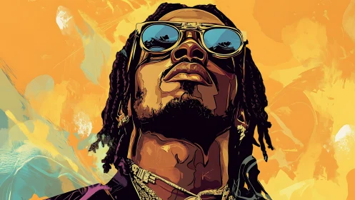 Bold portrait of cool man in sunglasses against orange sky.