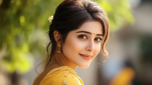 High-depth portrait lighting on woman in yellow saree outdoors.