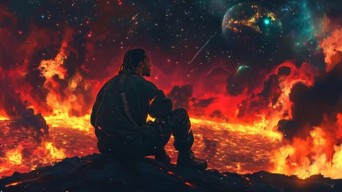 Solitary astronaut overlooks burning alien horizon at dusk