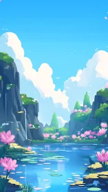 Lotus pond between cliffs under clear daylight sky.