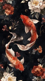 Graceful koi fish drifting among rich midnight blossoms.