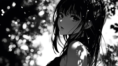 High contrast anime portrait uses bokeh and dappled light modeling