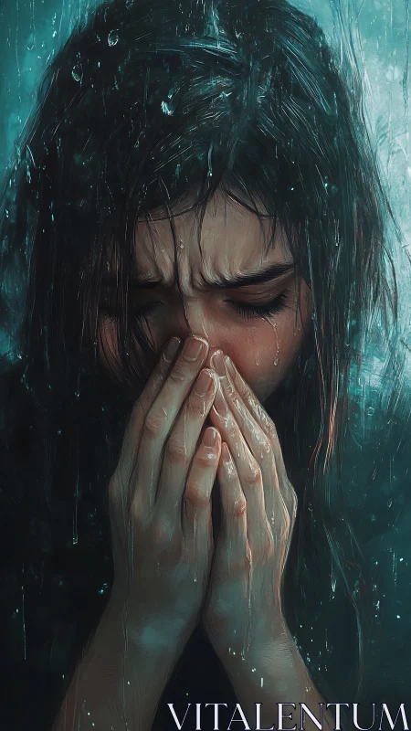 Crying girl hides face in stormy teal digital rain portrait.