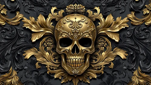 Baroque gold skull relief amid ornate black floral scrolls.