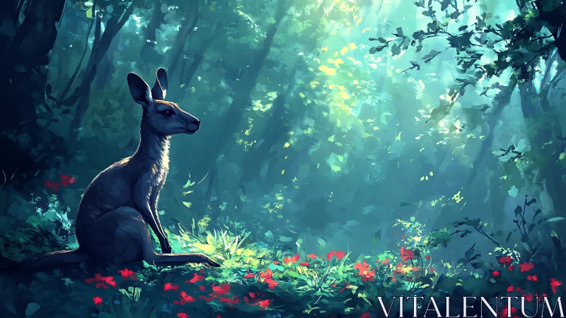 Kangaroo rests in a sunlit forest glade of vivid flowers.