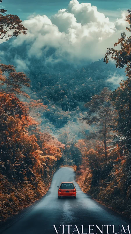 Red car glides through misty autumn forest mountain road