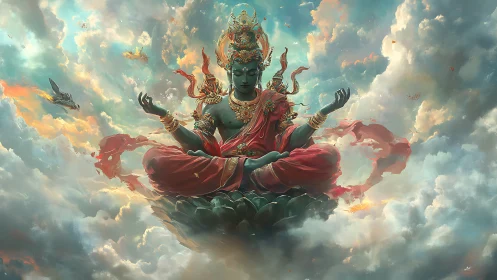 Celestial lotus deity in radiant skyborne meditation.