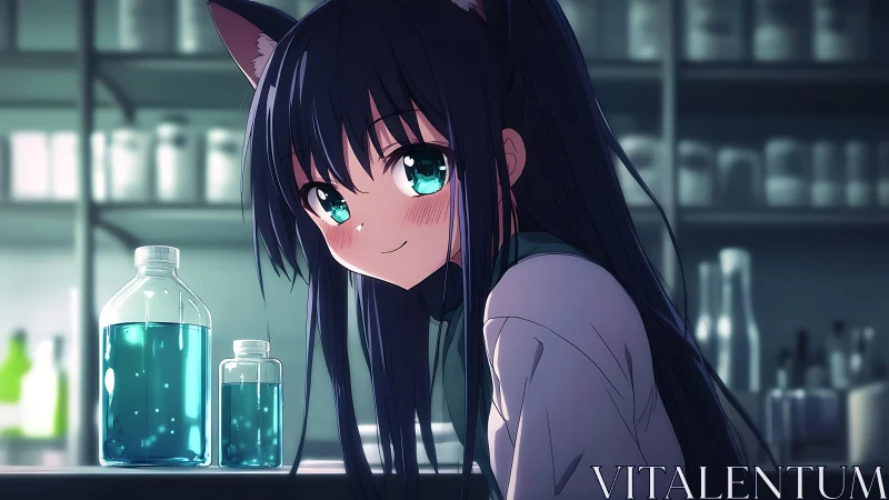 Anime cat-eared girl in lab with glowing blue liquid.