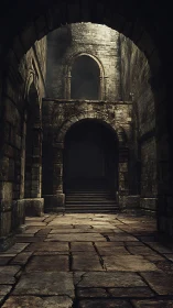 Medieval stone corridor with vaulted arches and stairwell depth.