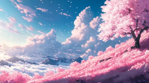 Blossoming cherry hillside meets radiant cloud ocean sky.