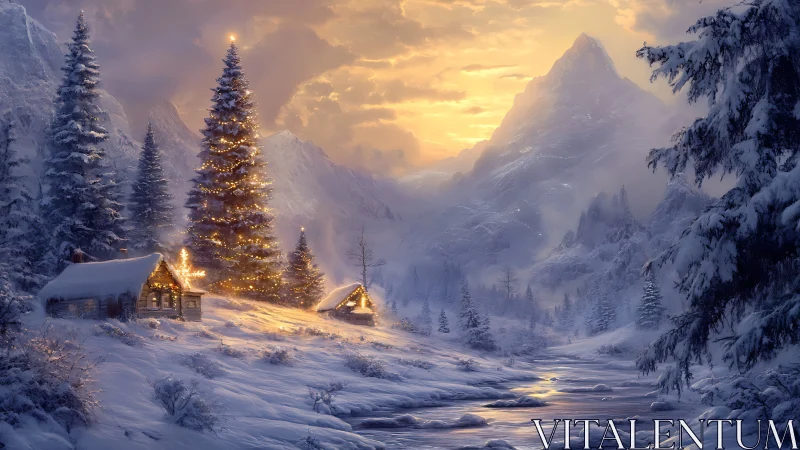 Snow-covered mountain valley with illuminated cabins at sunset