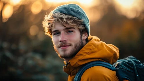 Golden hour wanderer smiles softly in autumn light outdoors