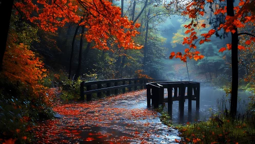 Curved wooden bridge in misty forest with vivid red leaves.
