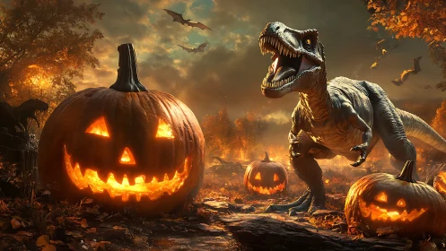Roaring tyrannosaur amid blazing jack o’lantern pumpkin field.