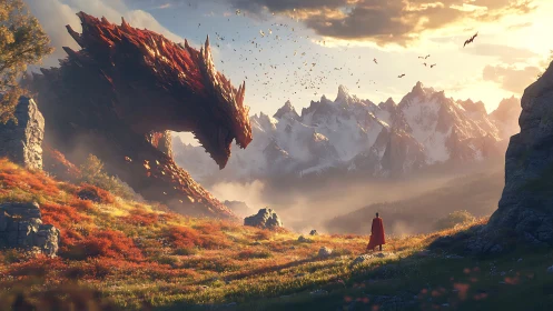 Colossal ember-scaled dragon confronting cloaked wanderer at dusk