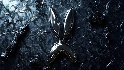 Metallic Bunny Ears on Ornate Dark Floral Background, Futuristic Art.