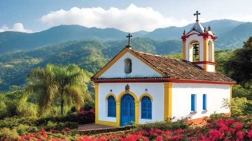 Small hillside church with mountains and tropical vegetation.