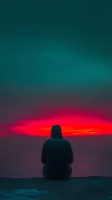 Solitary hooded figure facing vivid neon pink horizon.