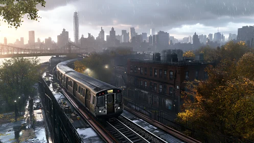 Subway train snakes through a rainy city at autumn dusk.