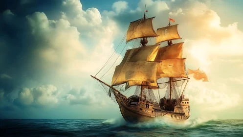 Sunlit galleon rides storm-soft seas toward painted horizons.