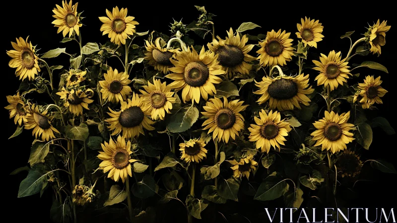Dense cluster of sunflowers with dark centers against black backdrop