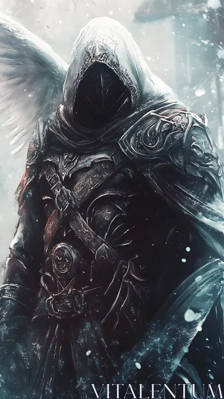 Shrouded angelic reaper strides from the blizzard’s pale hush