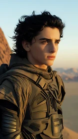 Desert-clad young sentinel in articulated tactical exosuit.