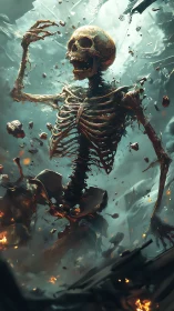 Burning skeletal titan rising through shattered battlefield.