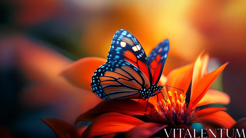 Luminous monarch butterfly sipping firelit petals at dusk.