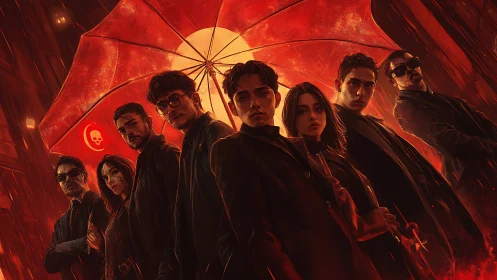 Neo-noir ensemble under crimson umbrella in rain-soaked alley