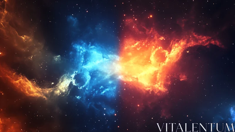 Fiery and icy cosmic clouds meet gently in starry space