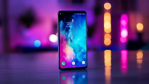 Smartphone displaying vibrant gradient wallpaper in neon environment.