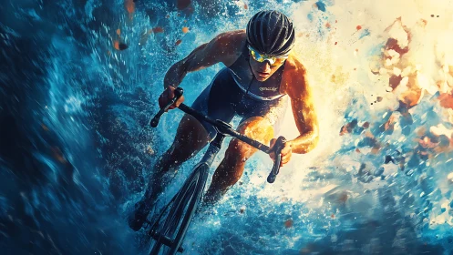 Dynamic cyclist rendered with high contrast motion blur and splashes