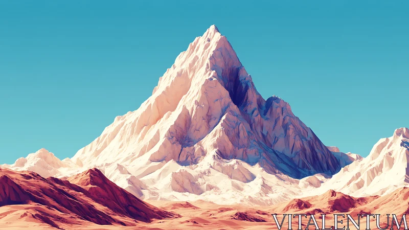 Snowcapped peak over red desert under clear cyan sky.