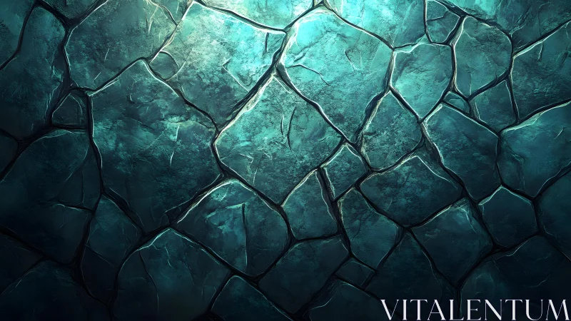 Cracked turquoise stone wall texture with teal lighting, digital art.
