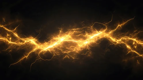 Golden Lightning Strike Eruption Against Black Sky.