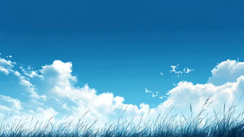 Serene field with tall grass under blue sky and fluffy clouds, digital art.