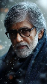 Thoughtful older man in gentle winter snowfall portrait.