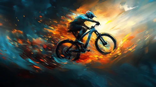 Mountain Biker Races Through Fiery Orange and Blue Abstract Swirls.