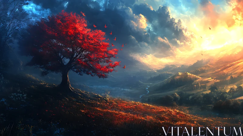 Crimson tree at sunrise guiding eyes across glowing hills.