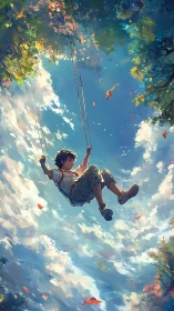 Digital painting of boy on swing in expansive sky vortex.
